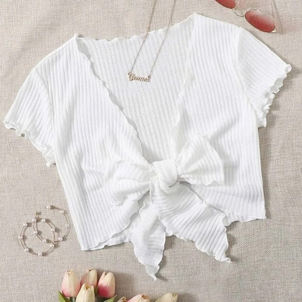 Shein Recycled Polyester Lettuce Trim Knot Front Crop Top